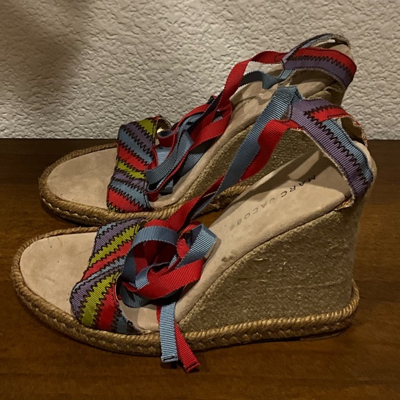 MARC JACOBS MULTICOLOR TAFFITA TIE GROSGRAIN ESPADRILLE WEDGE SANDALS - Picture 4 of 6